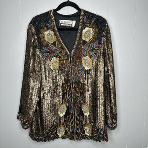 JUDITH ANN Vintage Rare Womenas Gold Sequin Beaded Silk Jacket Size L Floral